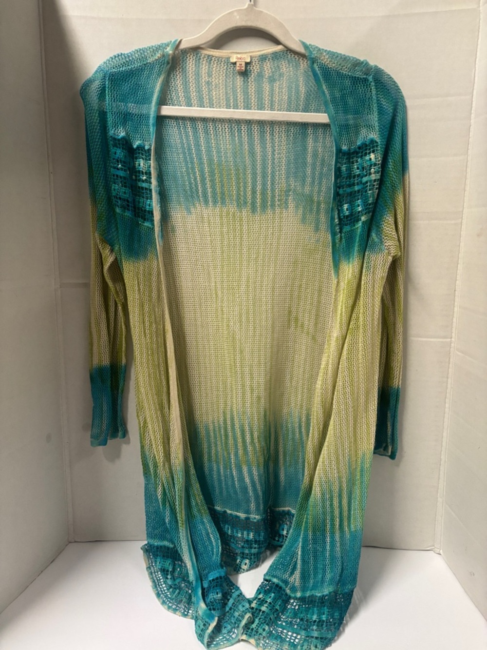 Reba Open-Front Knit Cardigan in Teal and Lime